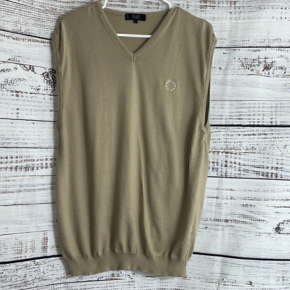 Raffi Vest Mens size XL V neck Knit‎ cotton blend Tan Embroidered made in Italy